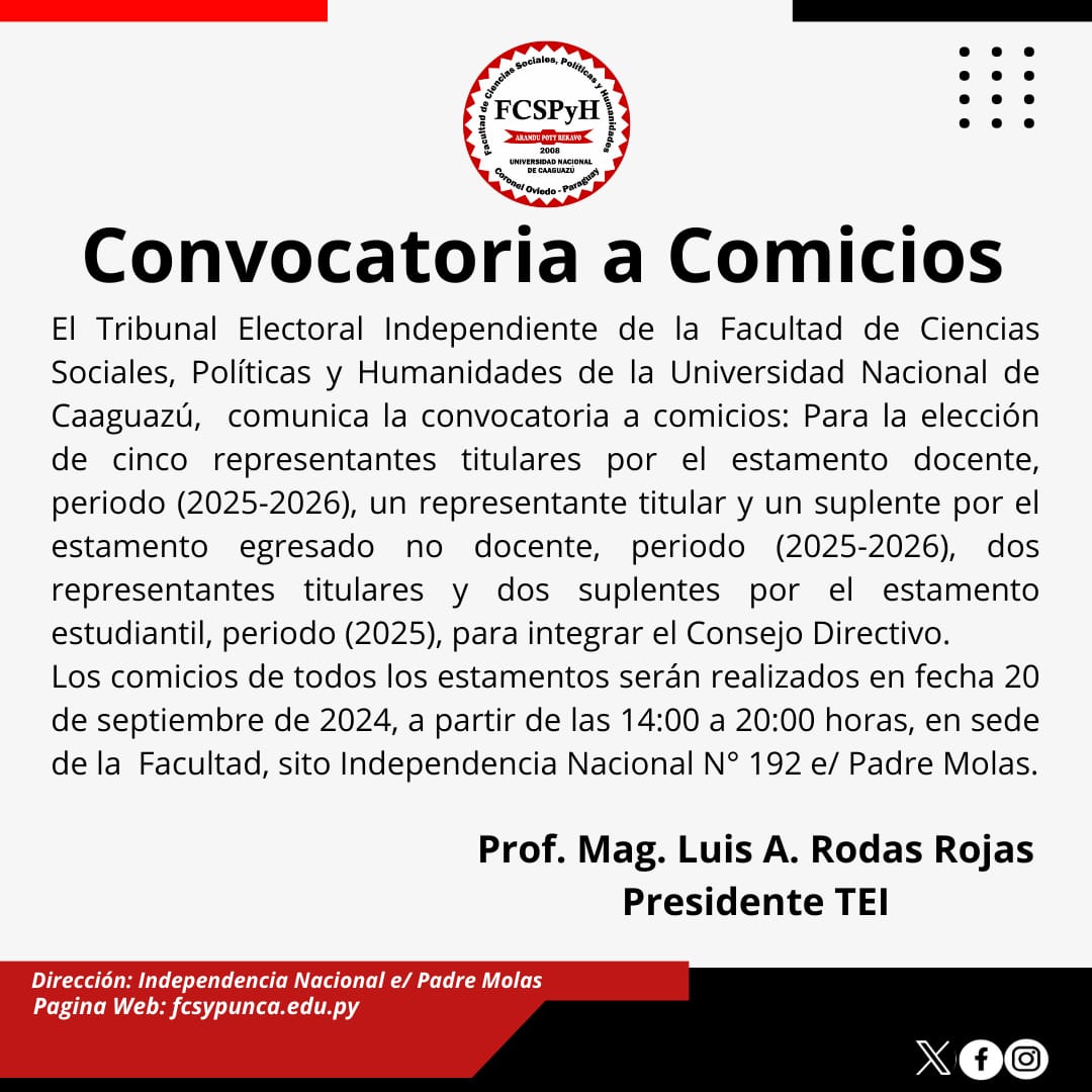 Convocatoria a Comicios para integrar el Consejo Directivo de la Facultad de Ciencias Sociales, Políticas y Humanidades de los siguientes estamentos: